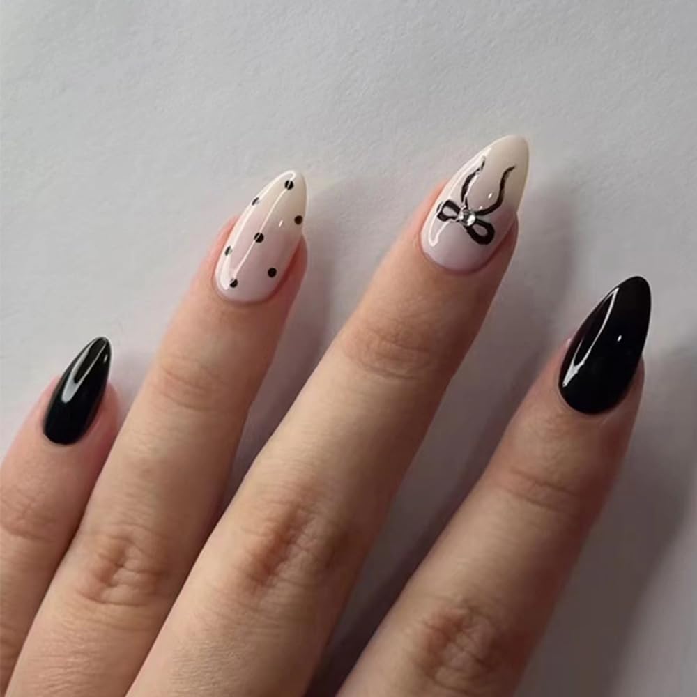 30Pcs Black Wave Point Press on Nails Short Almond Shape Bow Fake Nails with Designs White Acrylic Nails Glue on Nails Glossy False Nails Black Bows Press on False Nails for Women Manicure Supplies