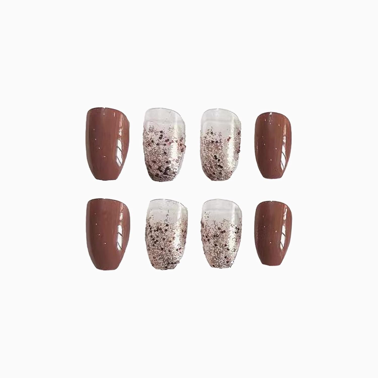 SINHOT Medium Brown Gradient Glossy Ballerina Press on Nails 24 pcs Acrylic with Glitter - Image 2