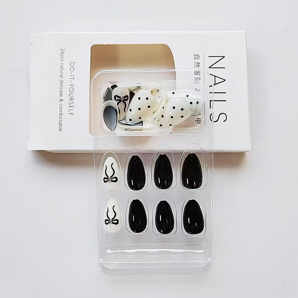 30Pcs Short Almond Black Wave Point Press On Nails with Bow Design - Image 6