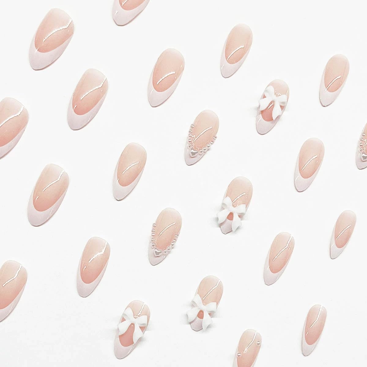 24-Piece Medium Almond White French Tip Press-On Nails with Pearl and Bow Accents - Image 4