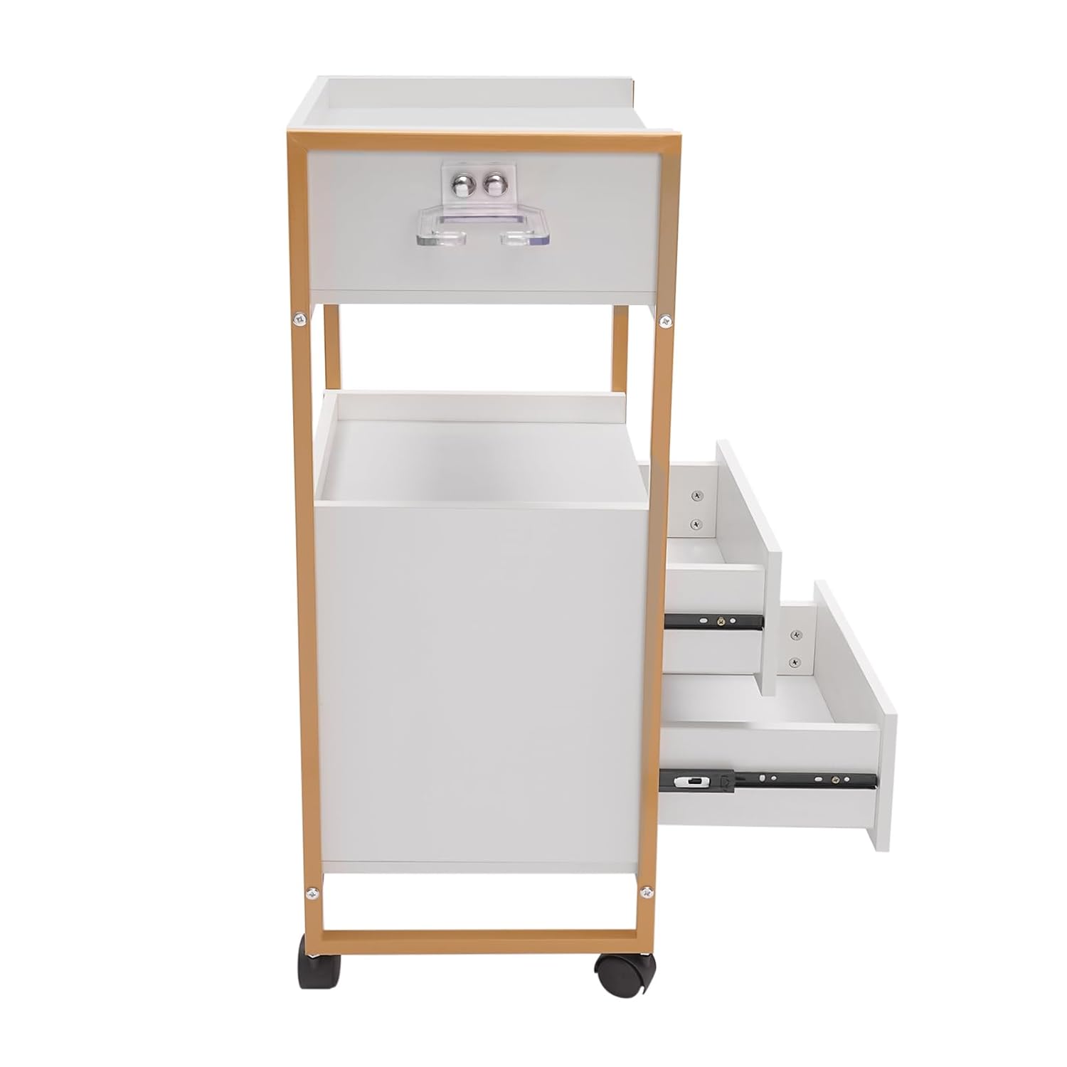 Gold and White 5-Drawer Salon Barber Trolley with Lockable Wheels and Hair Dryer Holder - Image 5