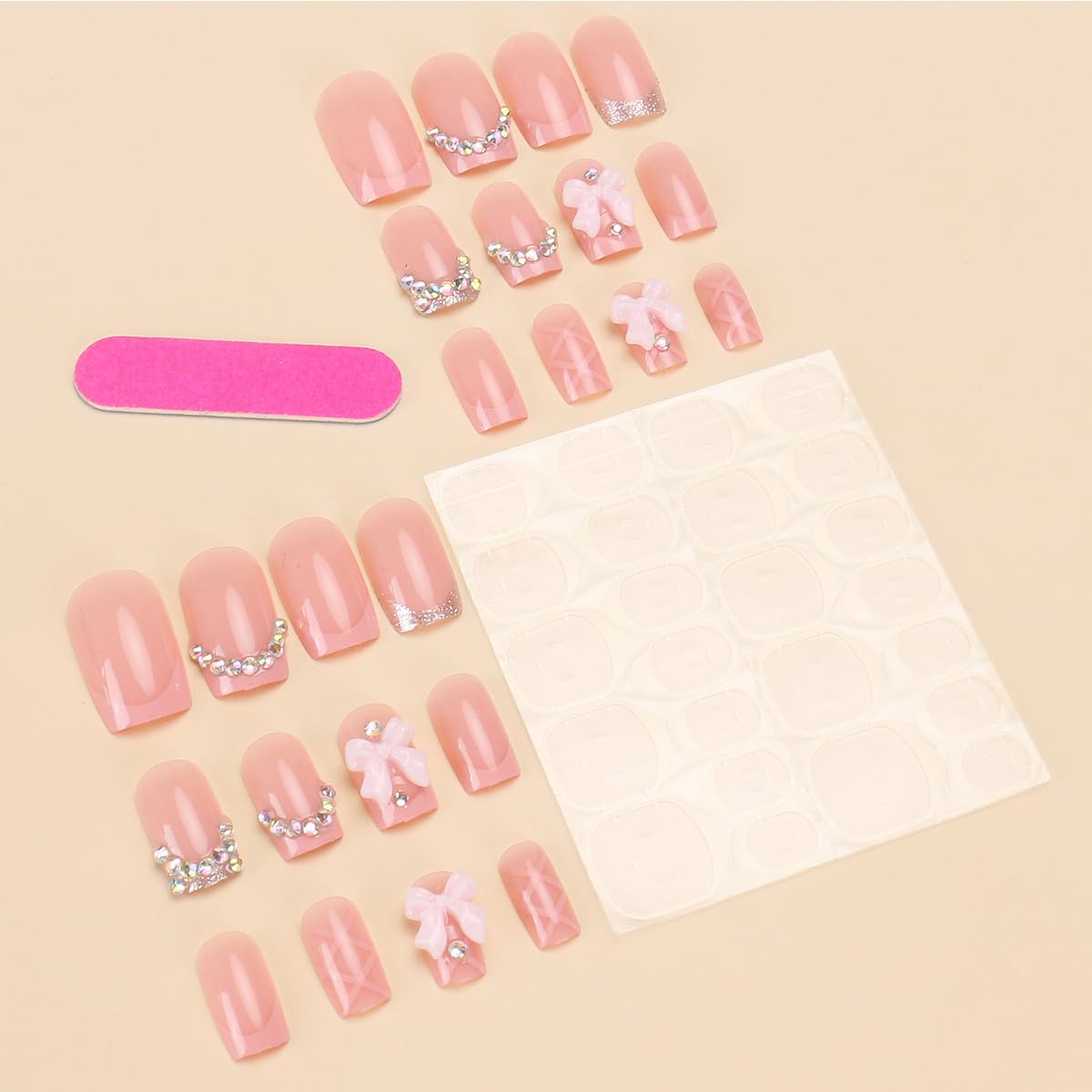 24 Piece Set Short Square Pink French Tip Press On Nails with Rhinestone Charms for Women Girls - Image 2