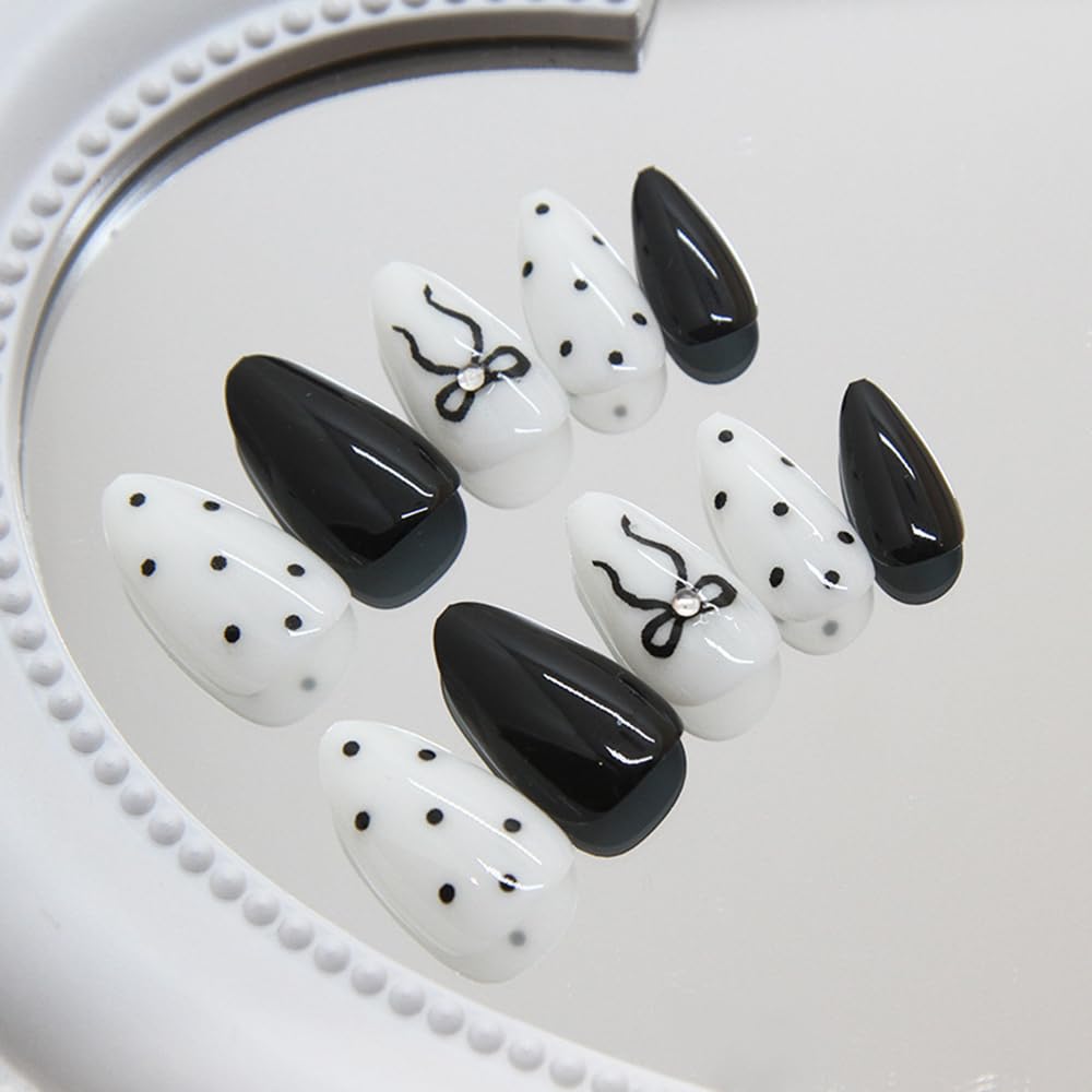 30Pcs Short Almond Black Wave Point Press On Nails with Bow Design - Image 3