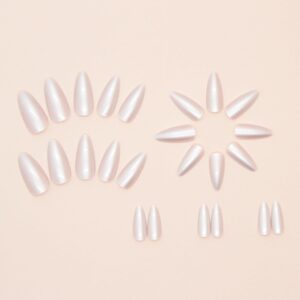 Chrome Press on Nails Medium Almond Fake Nails White Glossy Mirror Acrylic False Nails Shiny Glazed Design Artificial Nails Pearlescent Stick on Nails for Women 24 Pcs Manicure Kit