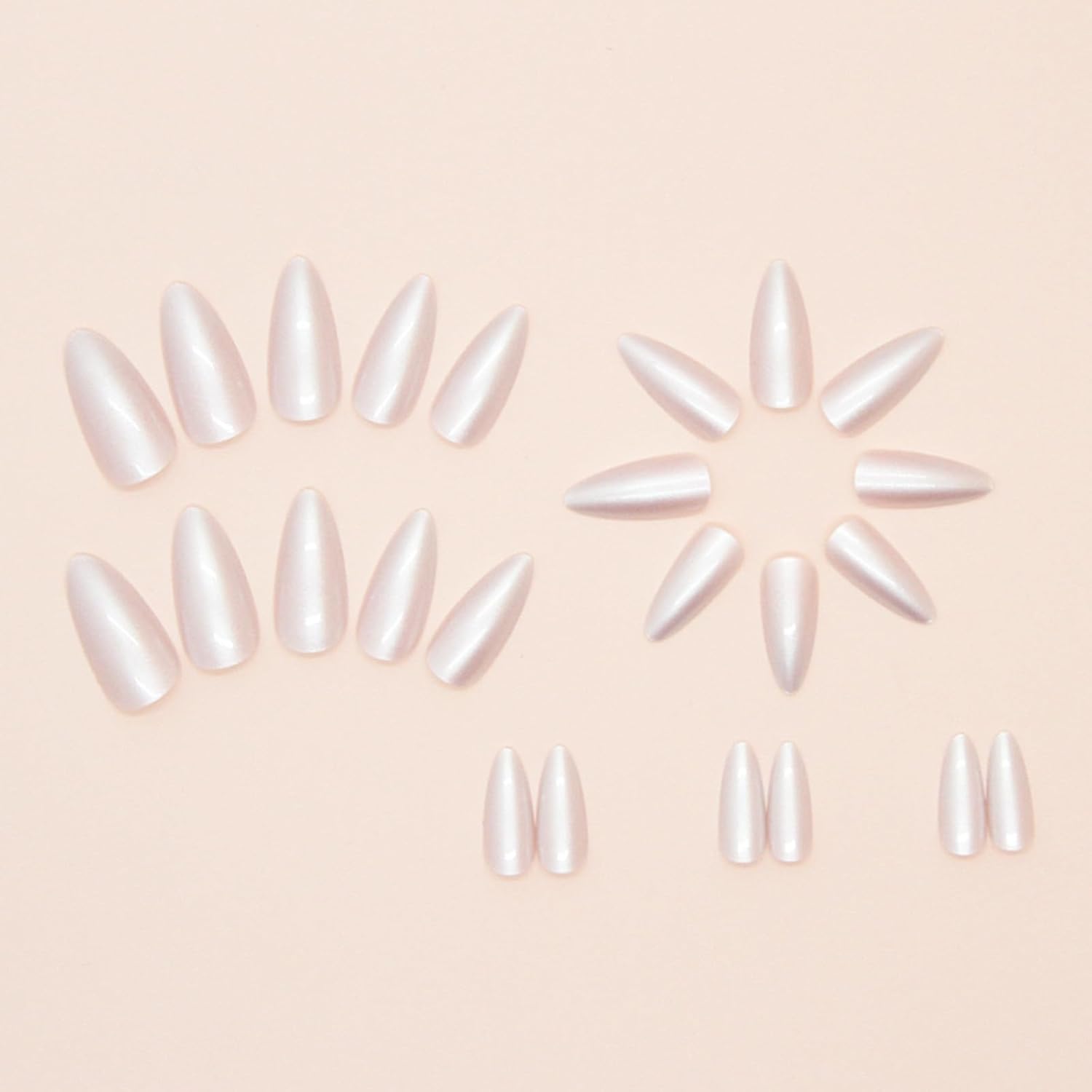 Chrome Press on Nails Medium Almond Fake Nails White Glossy Mirror Acrylic False Nails Shiny Glazed Design Artificial Nails Pearlescent Stick on Nails for Women 24 Pcs Manicure Kit