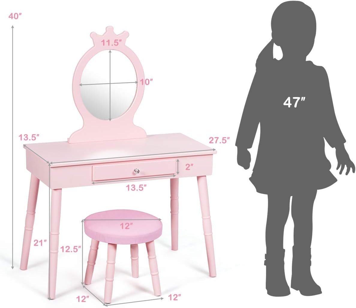Costzon Kids Vanity Set with Cushioned Stool, Large Drawer and Crown Mirror in Pink - Image 7