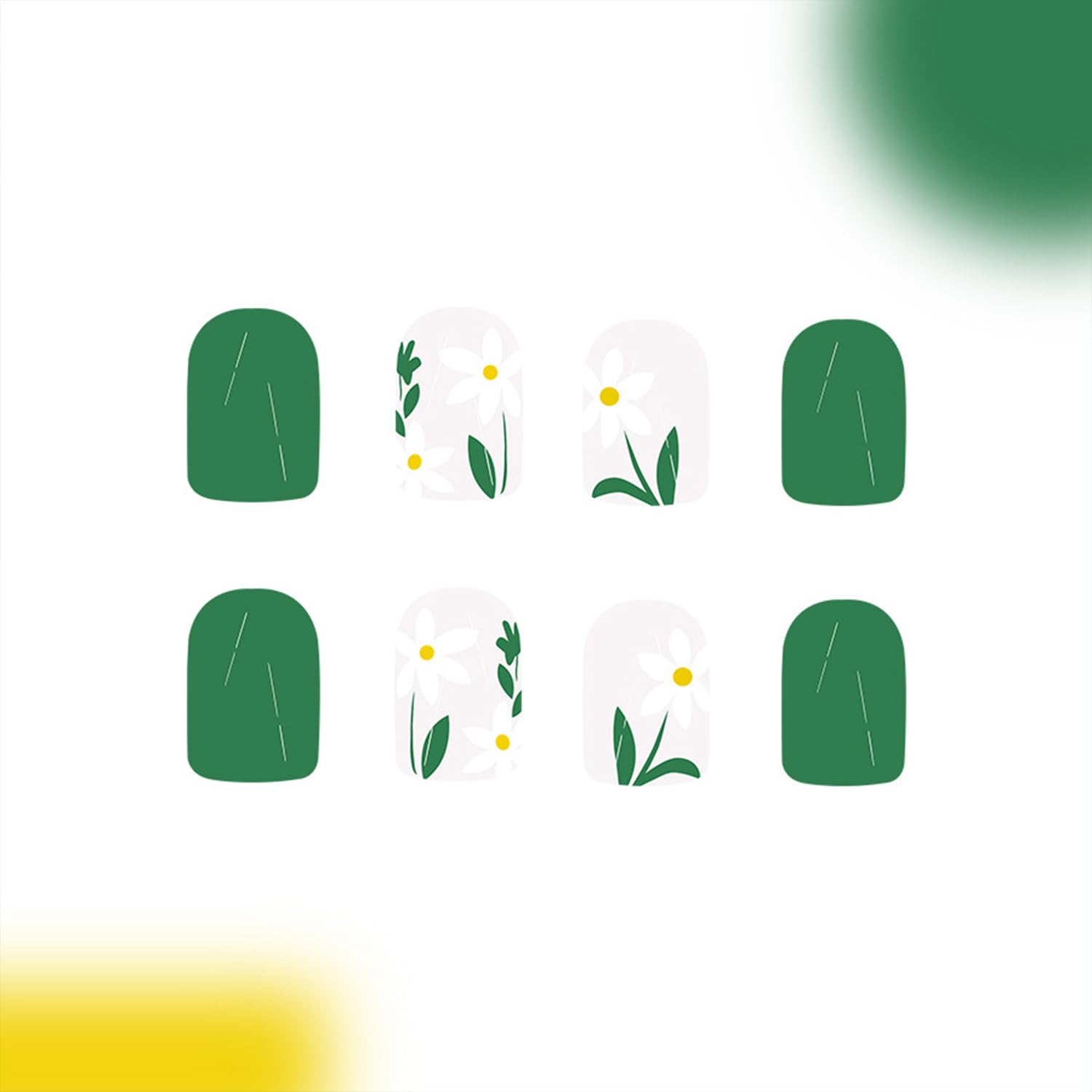 White Flowers Short Square Press on Nails Light Green Glossy Full Cover 24 Pcs - Image 3