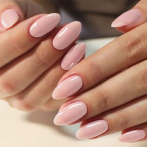 GLAMERMAID Light Pink Nude Press On Nails Short Almond, Translucence Coral Glossy Handmade Soft Jelly Gel Fake Nails, Pure Round Oval Stick Glue on Nails Kit for Women, Reusable Acrylic False Nail Set