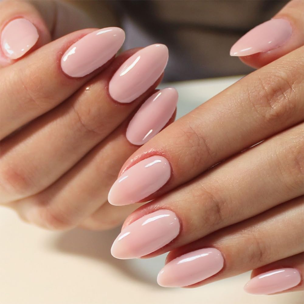 GLAMERMAID Light Pink Nude Press On Nails Short Almond, Translucence Coral Glossy Handmade Soft Jelly Gel Fake Nails, Pure Round Oval Stick Glue on Nails Kit for Women, Reusable Acrylic False Nail Set