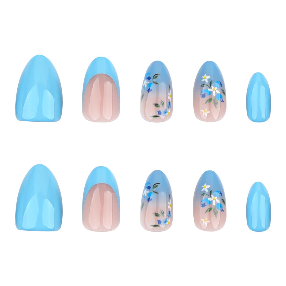 24Pcs Flower Press on Nails Medium Almond Fake Nails Blue Gradient Glue on Nails Full Cover Artificial Spring Summer Nails Stick on Nails French Tip False Nails Flower Designs for Women Acrylic Nails - Image 5