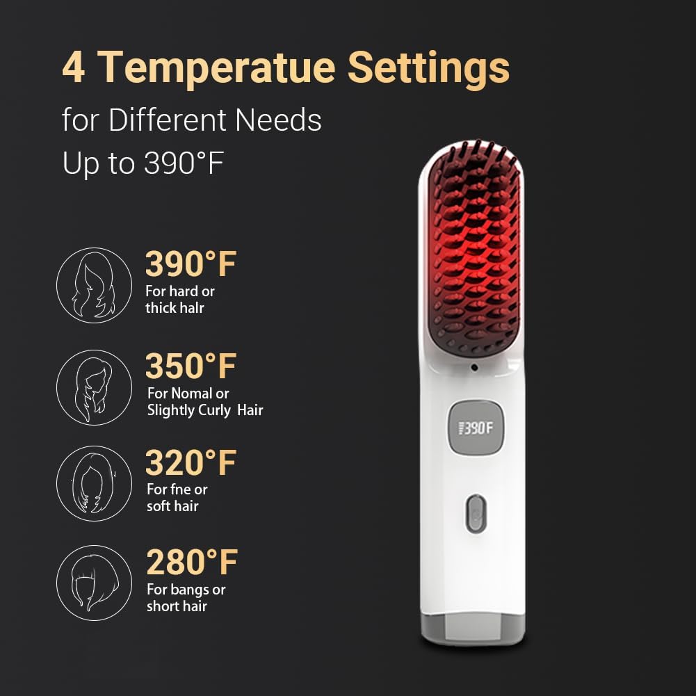 Portable Cordless Hair Straightener Brush, 30-Second Fast Heating, USB Rechargeable, White, Includes Travel Pouch - Image 2