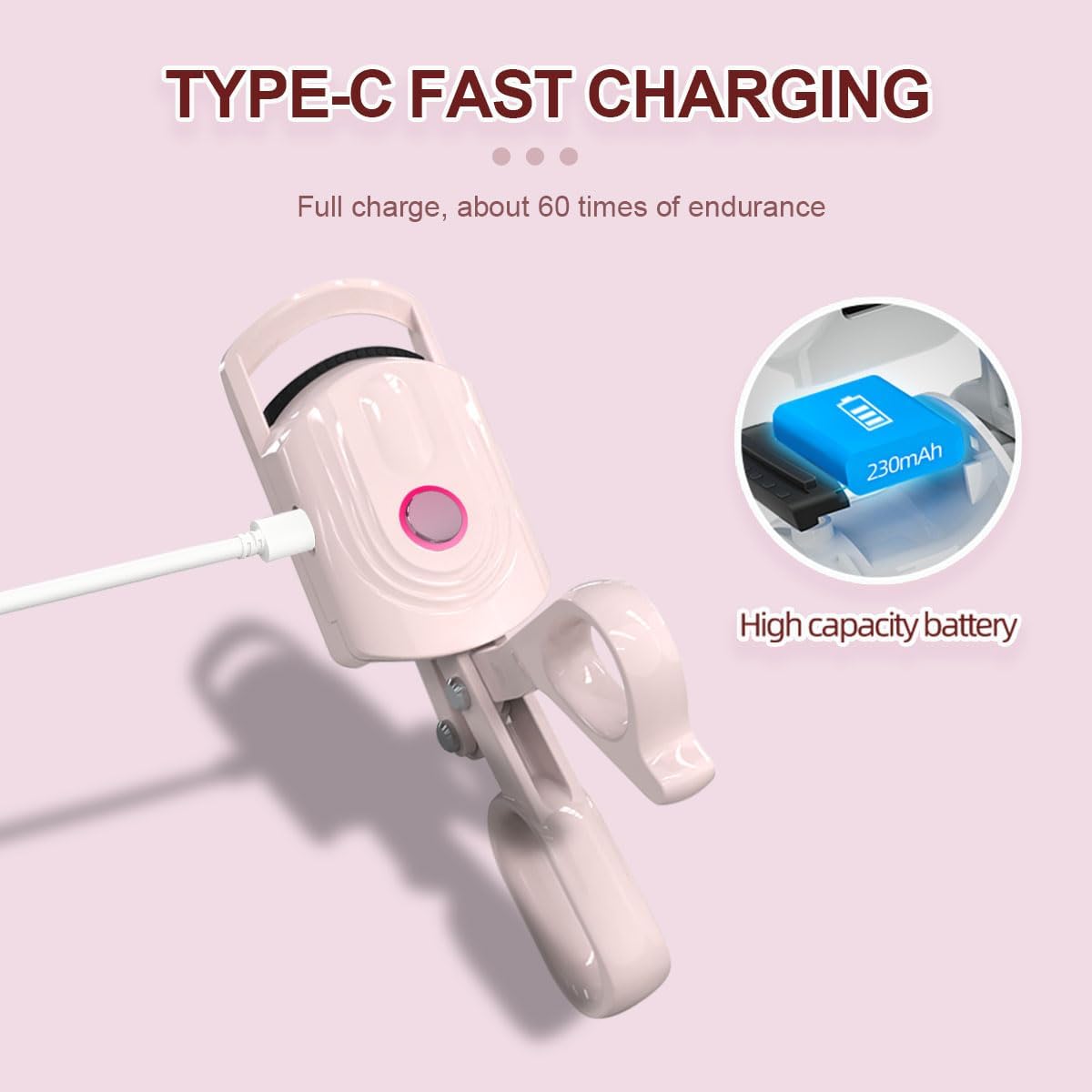 USB Rechargeable Heated Electric Eyelash Curler Pink for Long Lasting Natural Curls - Image 3