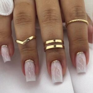 Press on Nails Medium Square Fake Nails with Fashion Marble Design, Press ons Artificial Acrylic Glitter Full Cover False Stick on Nail for Women Girls Daily Wear Wedding Manicure 24Pcs