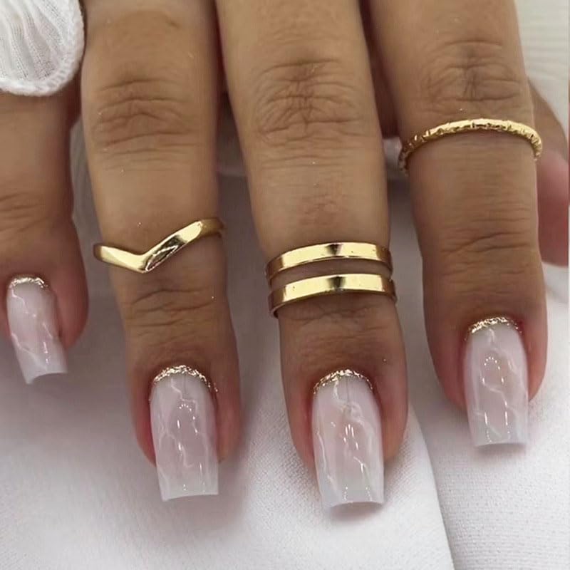 Press on Nails Medium Square Fake Nails with Fashion Marble Design, Press ons Artificial Acrylic Glitter Full Cover False Stick on Nail for Women Girls Daily Wear Wedding Manicure 24Pcs