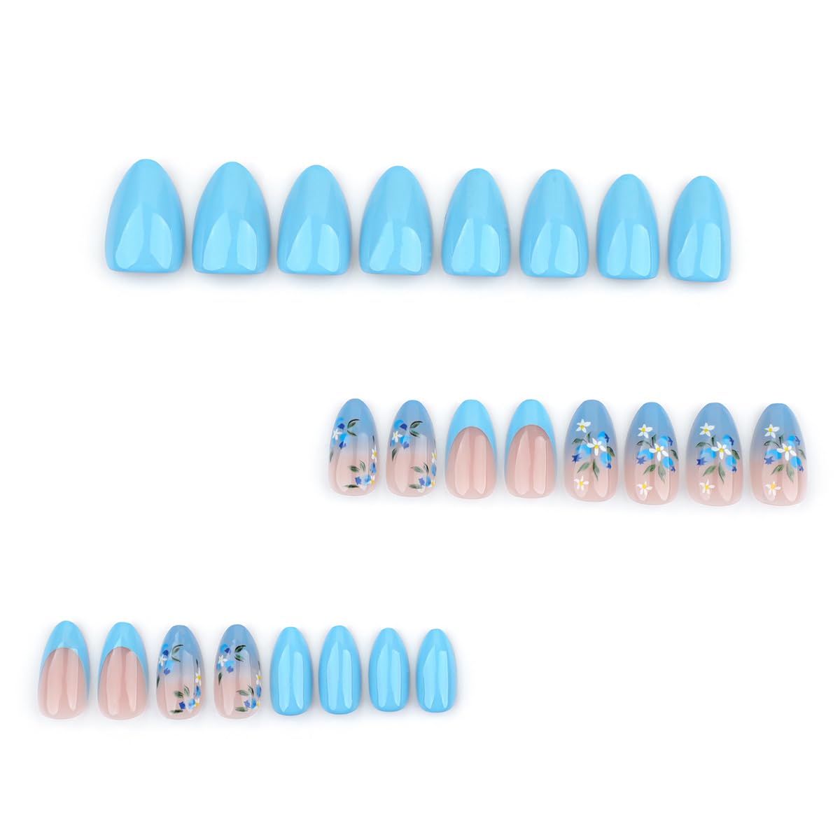 24Pcs Flower Press on Nails Medium Almond Fake Nails Blue Gradient Glue on Nails Full Cover Artificial Spring Summer Nails Stick on Nails French Tip False Nails Flower Designs for Women Acrylic Nails - Image 2