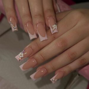 Press on Nails Medium Long Square French Glitter Fake Glue on Nails with 3D Flower Rhinestones Design for Women Girls Full Cover Acrylic False Stick on Nail for Daily Wear Wedding 24Pcs