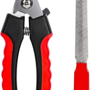 Dog Nails Clippers Trimmer with Safety Guard to Avoid Over-Cutting, Razor Sharp Blades with Bonus Dog Nail File, Cat Claw Clippers with Sturdy Non Slip Handles for Pets Dog Cat(Red & Black)