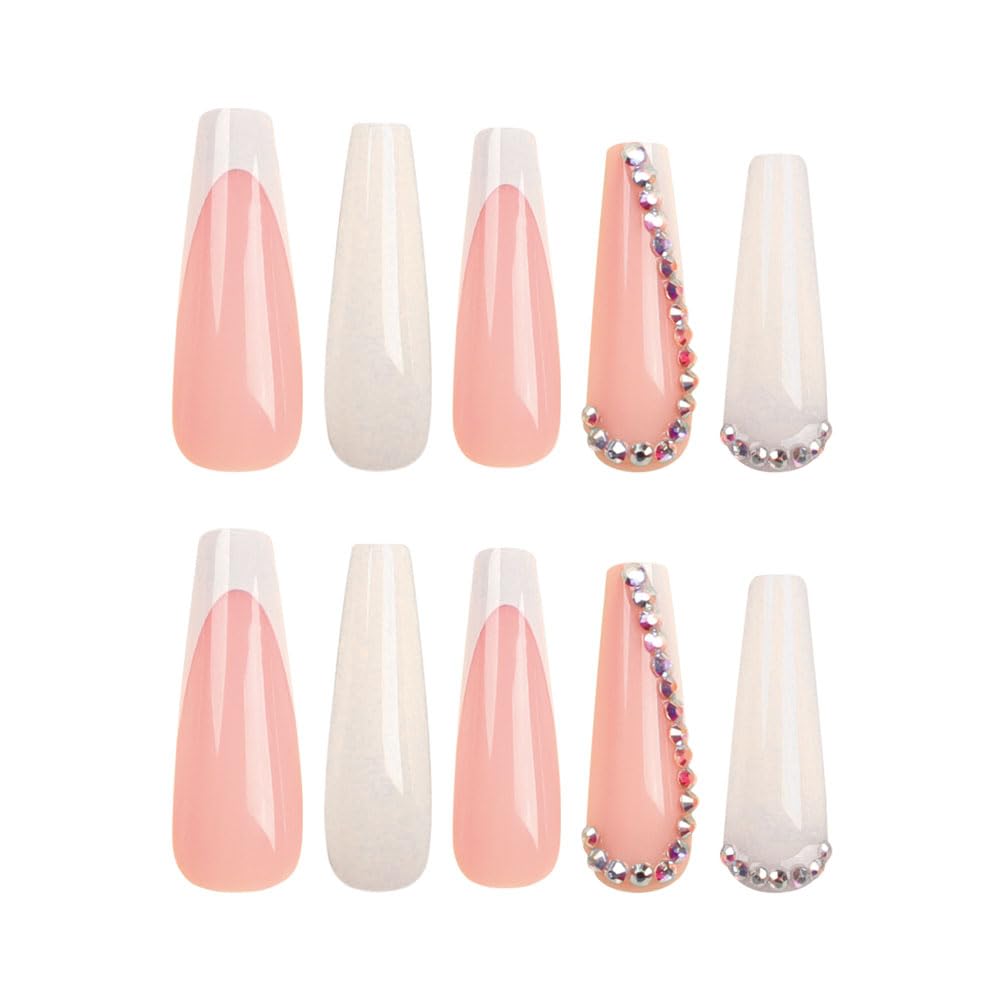 24Pcs White Long Coffin Press-On Nails with Rhinestones Full Cover Acrylic for Women - Image 3