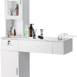 Winado Wall Mount Barber Salon Stations, Makeup Vanity Desk with a Storage Cabinet, 2 Drawers and a 3 Tier Shelf w/Glass Door for Home Salon Hair Stylist Beauty Spa Equipement, White