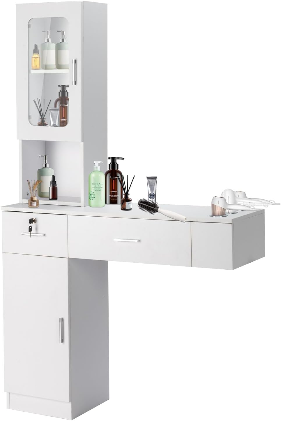 Winado Wall Mount Barber Salon Stations, Makeup Vanity Desk with a Storage Cabinet, 2 Drawers and a 3 Tier Shelf w/Glass Door for Home Salon Hair Stylist Beauty Spa Equipement, White