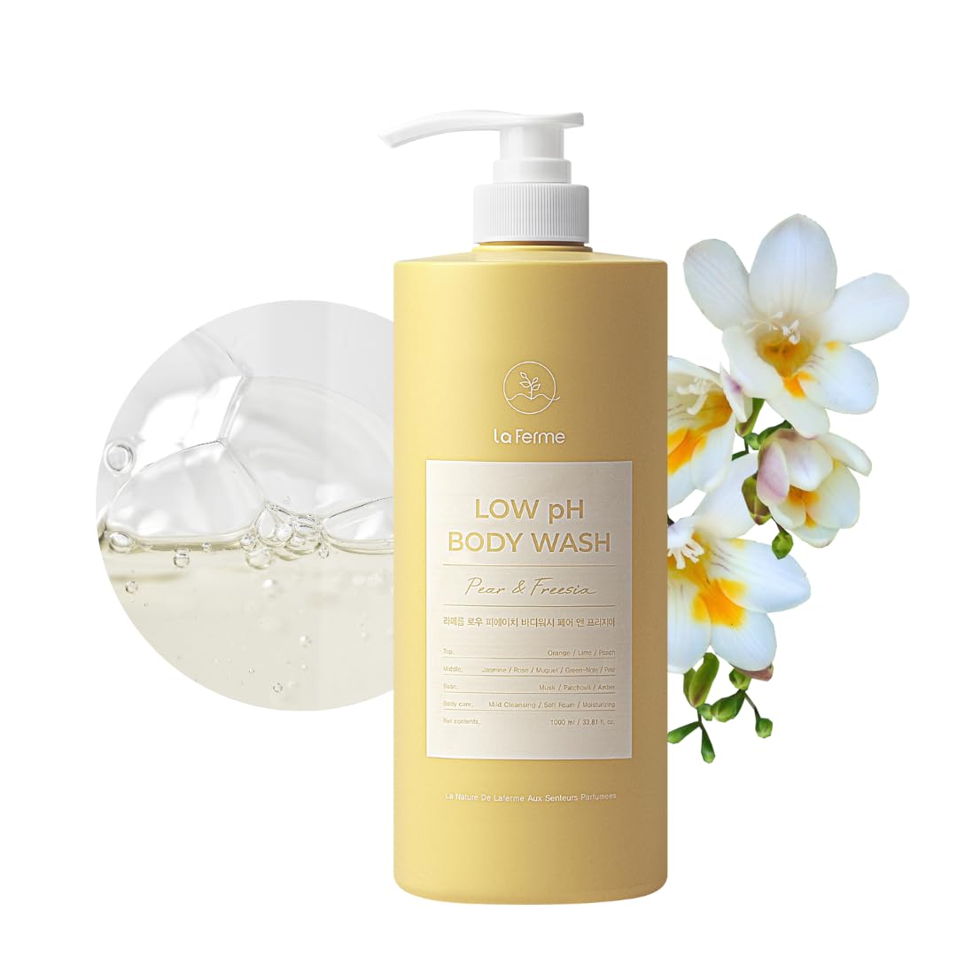 Low pH balanced Gentle Korean Body Wash with Natural & Organic Ingredients, Hypoallergenic for Sensitive Skin, Moisturizing & Hydrating for Dry Skin, For Women & Men, 33 Fl Oz, Pear & Freesia