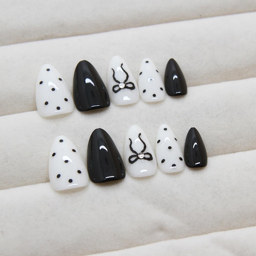 30Pcs Short Almond Black Wave Point Press On Nails with Bow Design - Image 4
