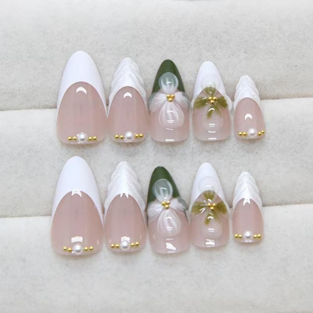 Green Medium Almond Pearl French Tip Flower Press on Nails 24 Pcs Women - Image 5