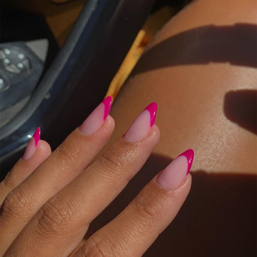 KQueenest 30 Piece Short Almond Hot Pink French Tip Press On Nails for Women - Image 3