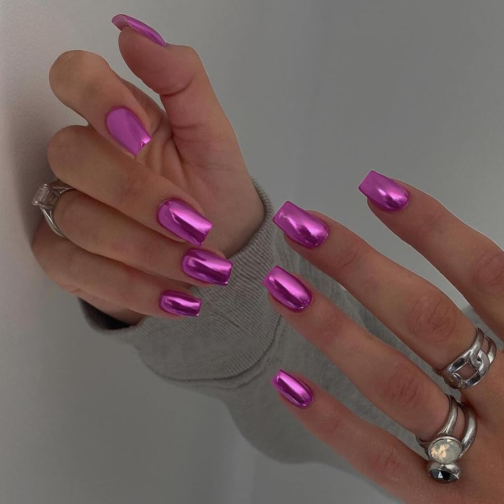 Purple Chrome Square Medium Length Press-On Nails 24 Count Metallic Mirror Finish - Image 3