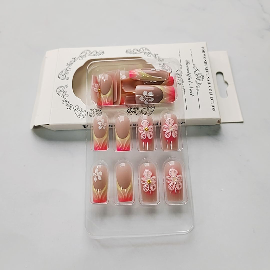 24 Pcs Medium Square Yellow French Tip Press-On Nails with White Flower Accents - Image 5