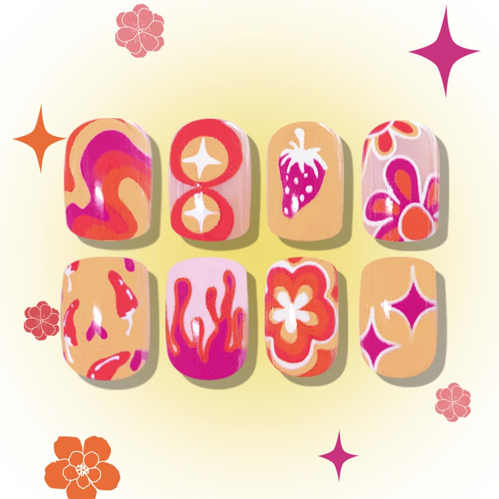 24 Piece Short Square Spring Orange Acrylic Press On Nails Manicure Kit for Women - Image 4
