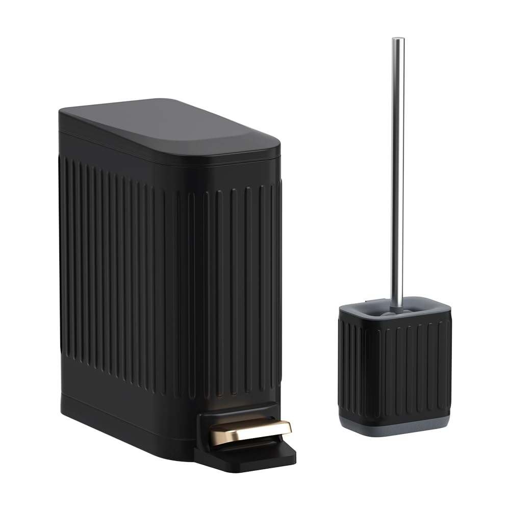 6L/1.6 Gallon Pedal Trash Can and Toilet Brush Set, Small Metal Pedal Can, Detachable Toilet Brush, Bathroom Set (Black)