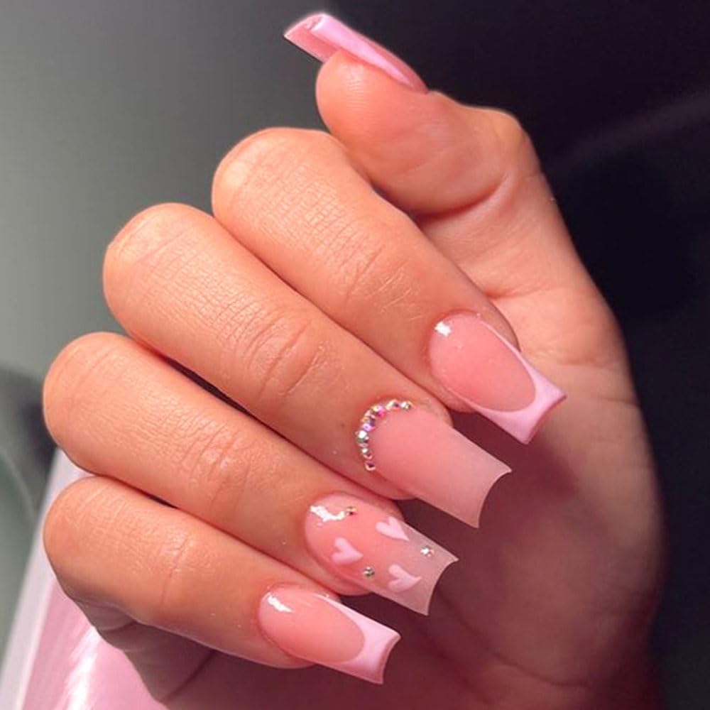 Press on Nails Short Medium Coffin French Pink Acrylic Fake Nails with Rhinestones Heart Design Glue on Glossy Full Cover Artificial Gel False Stick on Nail for Girls Women Wedding 24Pcs