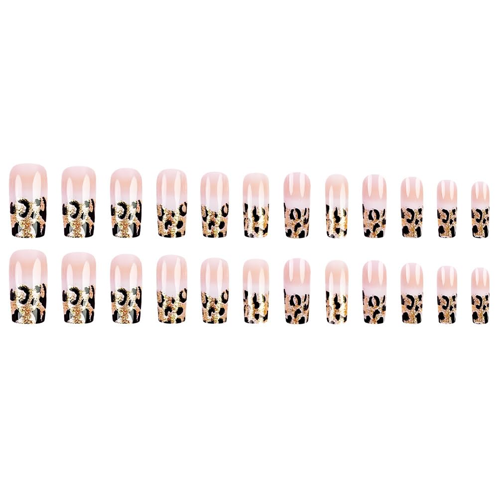 24 Piece Long Square Leopard French Press on Nails Pink White Gradient Glitter Set - Image 5