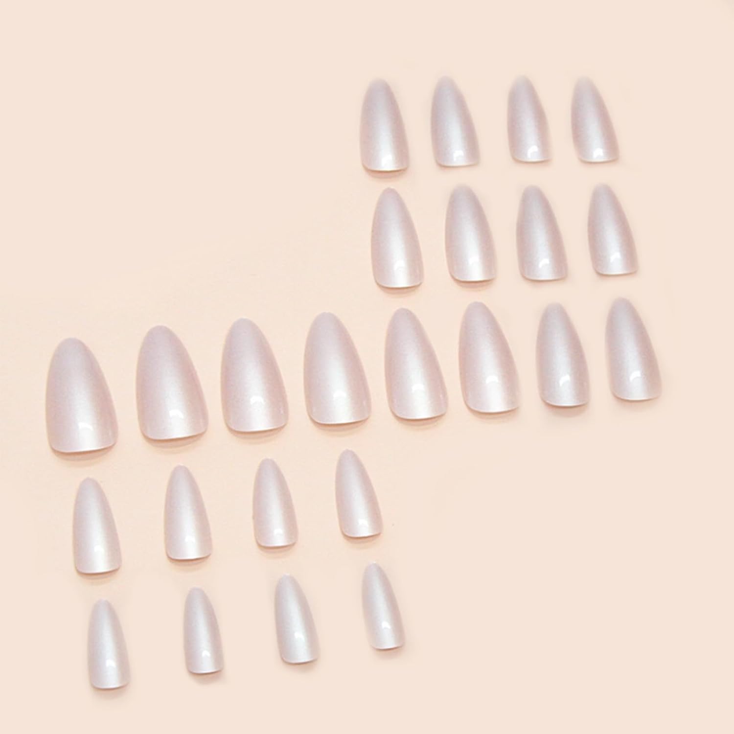 Chrome Press on Nails Medium Almond Shape 24 Pcs Glossy White Acrylic Manicure Kit - Image 2