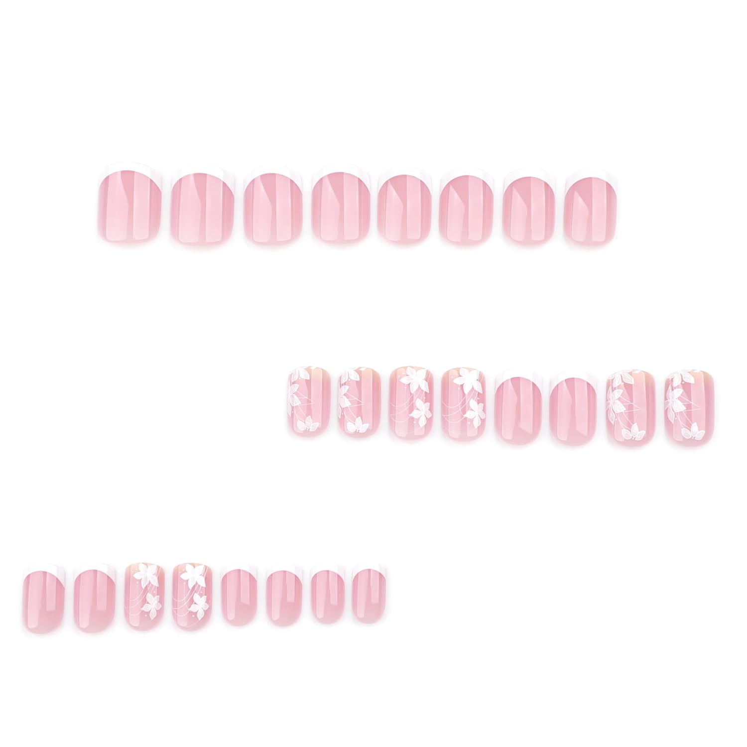 Short Square Nude French Tip Press On Nails with Floral Accents - Set of 24 - Image 4