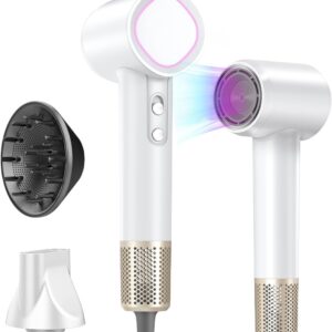 Hair Dryer, 160000 RPM High-Speed Brushless Motor with 500 Million Negative Ions, Professional Ionic Blow Dryer with Magnetic Diffuser & Nozzle,Lightweight for Home Travel Salon(White)