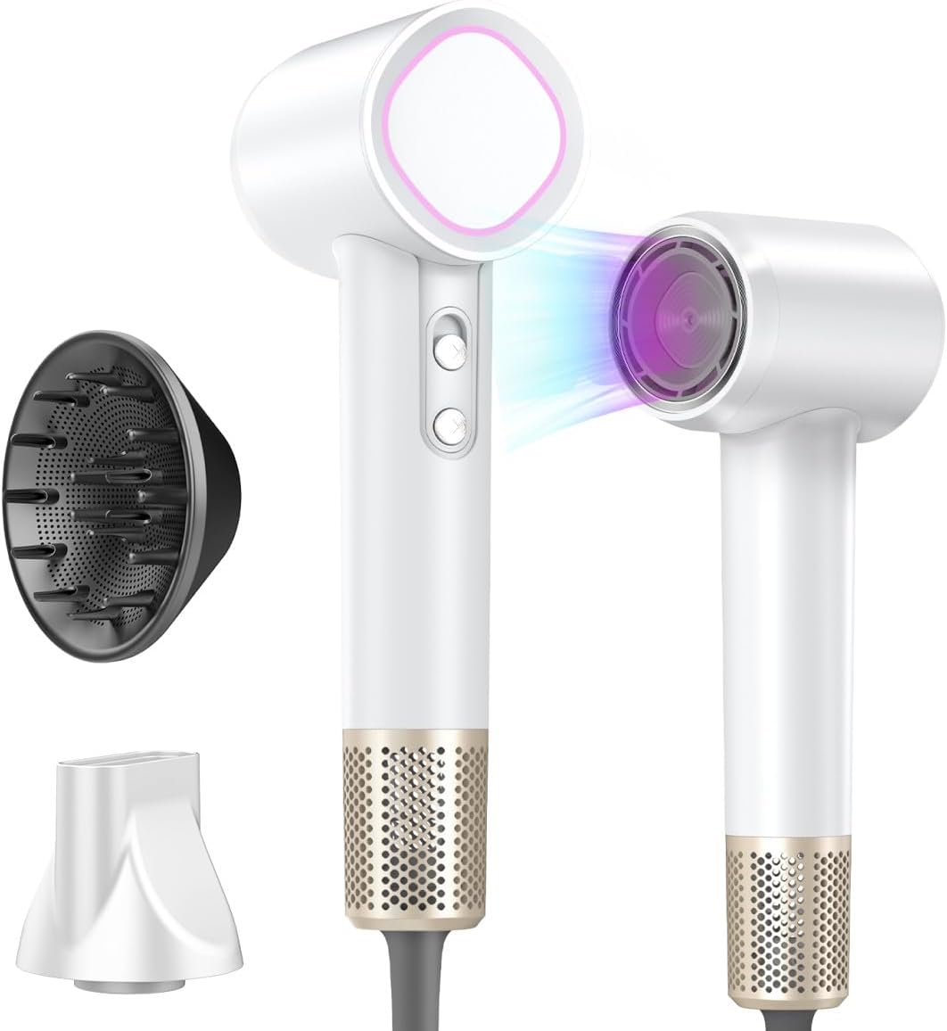 Hair Dryer, 160000 RPM High-Speed Brushless Motor with 500 Million Negative Ions, Professional Ionic Blow Dryer with Magnetic Diffuser & Nozzle,Lightweight for Home Travel Salon(White)