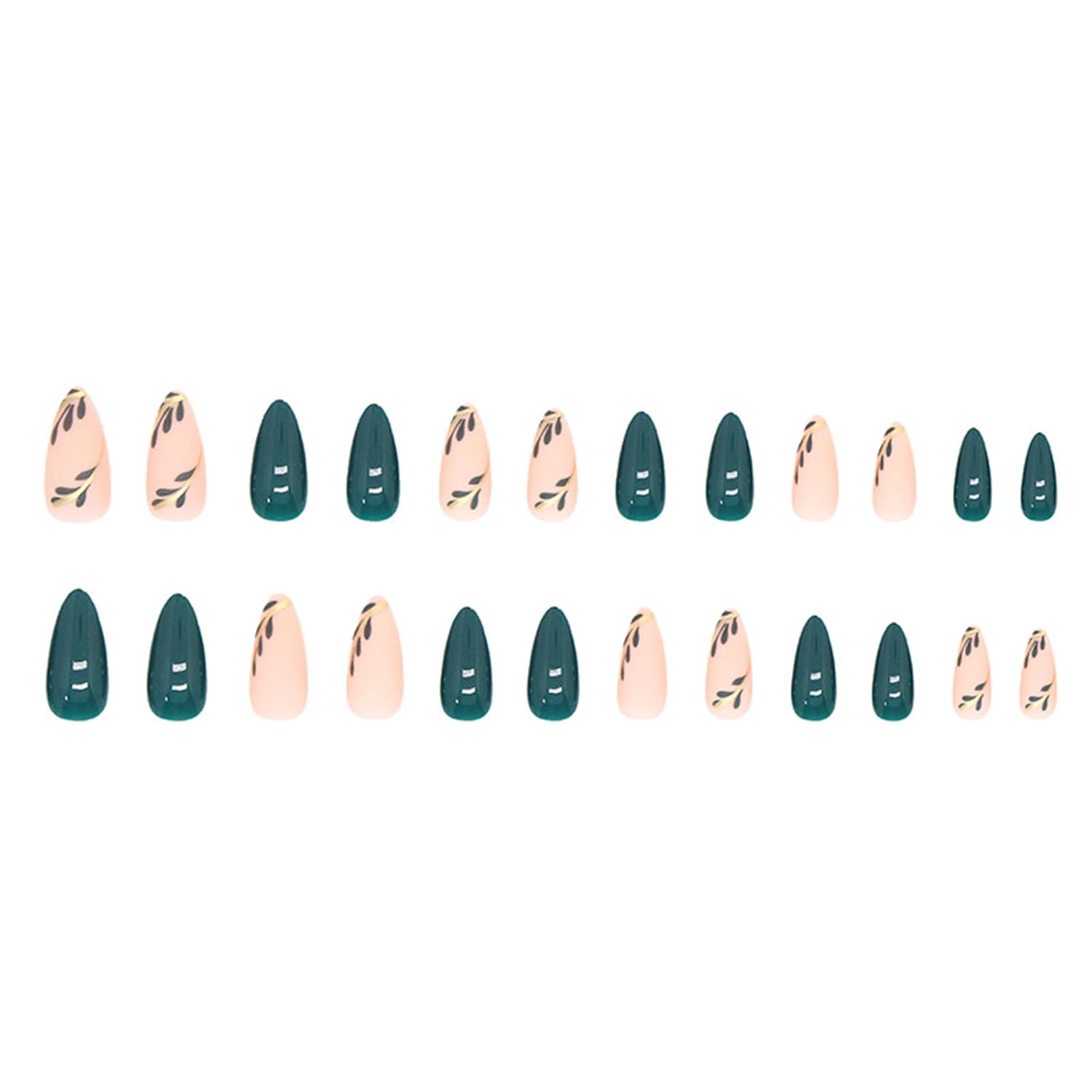 24 Pcs Medium Length Almond Shaped Press on Nails in Green with Gold Leaf Designs - Image 6