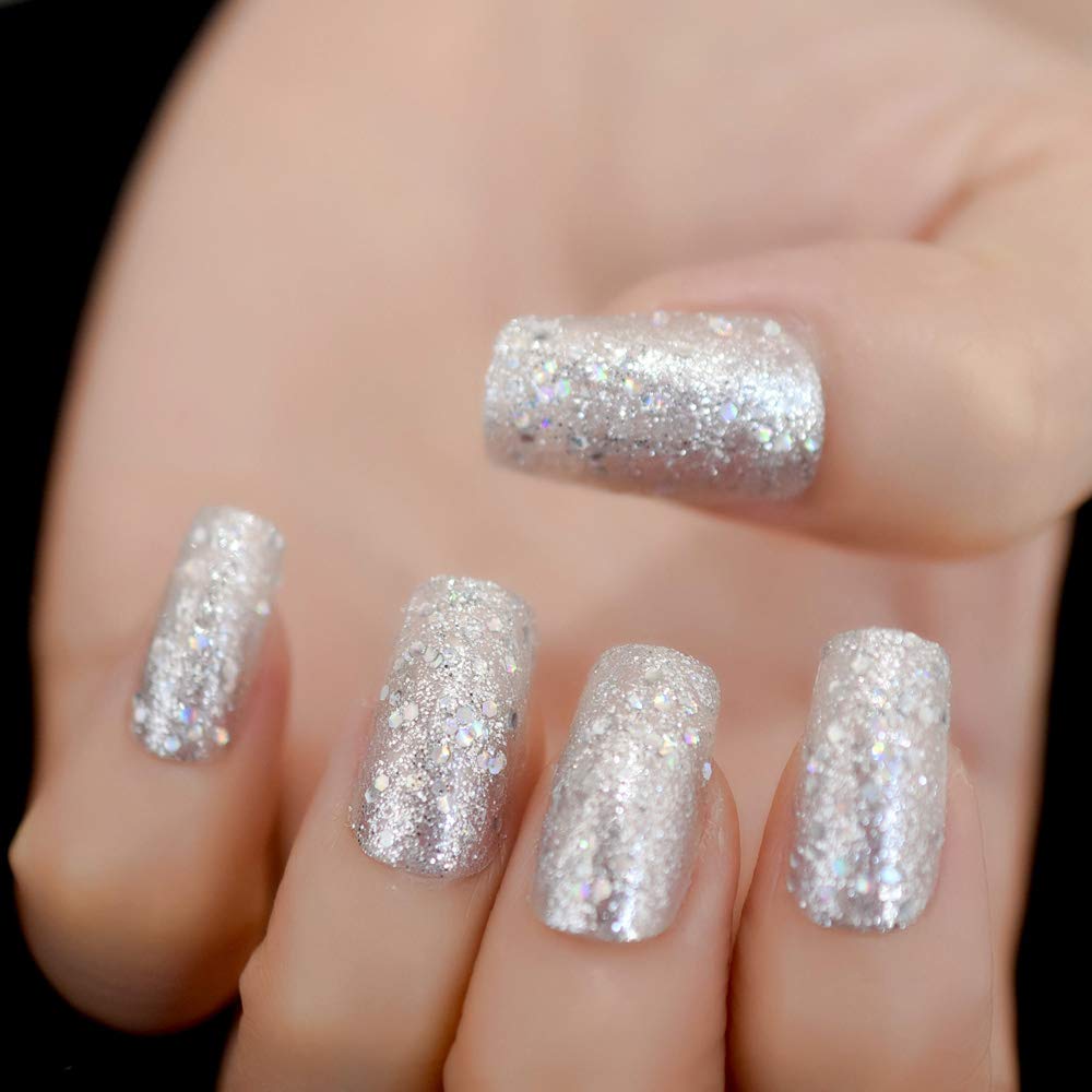 Pretty Full Cover Silver White Bling Glitter Press on False Nails Medium Long Square Salon DIY Manicure Reusable Fake Acrylic Nail Art Tips with Jelly Adhesive Tabs Nail File