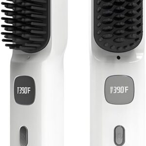 Cordless Hair Straightener Brush Portable on The go Comb for Travel 30s Fast Heating USB Rechargeable Dual Power Supply LCD Display with Pouch (White)