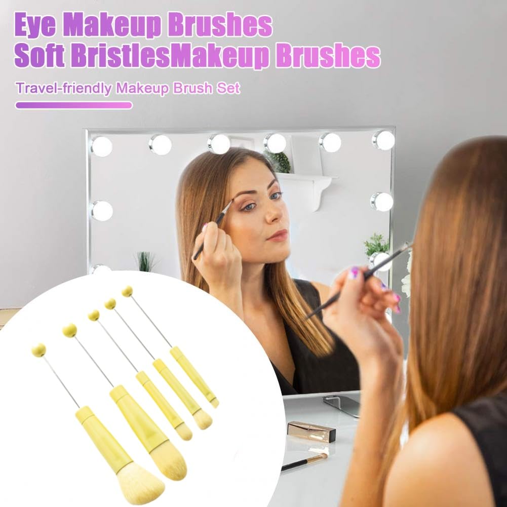 5pc Yellow Beadable Makeup Brush Set with Free Powder Puff, Soft Synthetic Fibers - Image 6