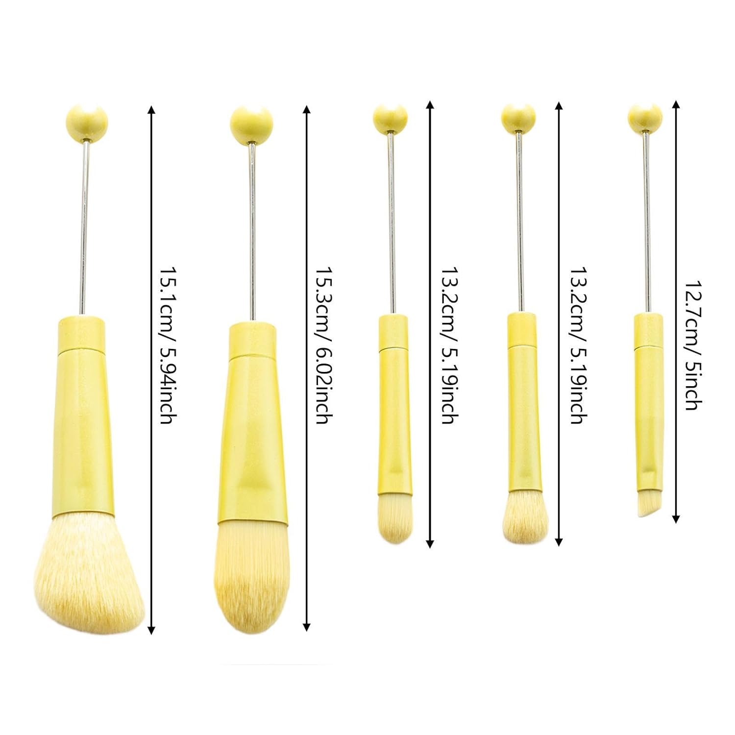 5pc Yellow Beadable Makeup Brush Set with Free Powder Puff, Soft Synthetic Fibers - Image 7