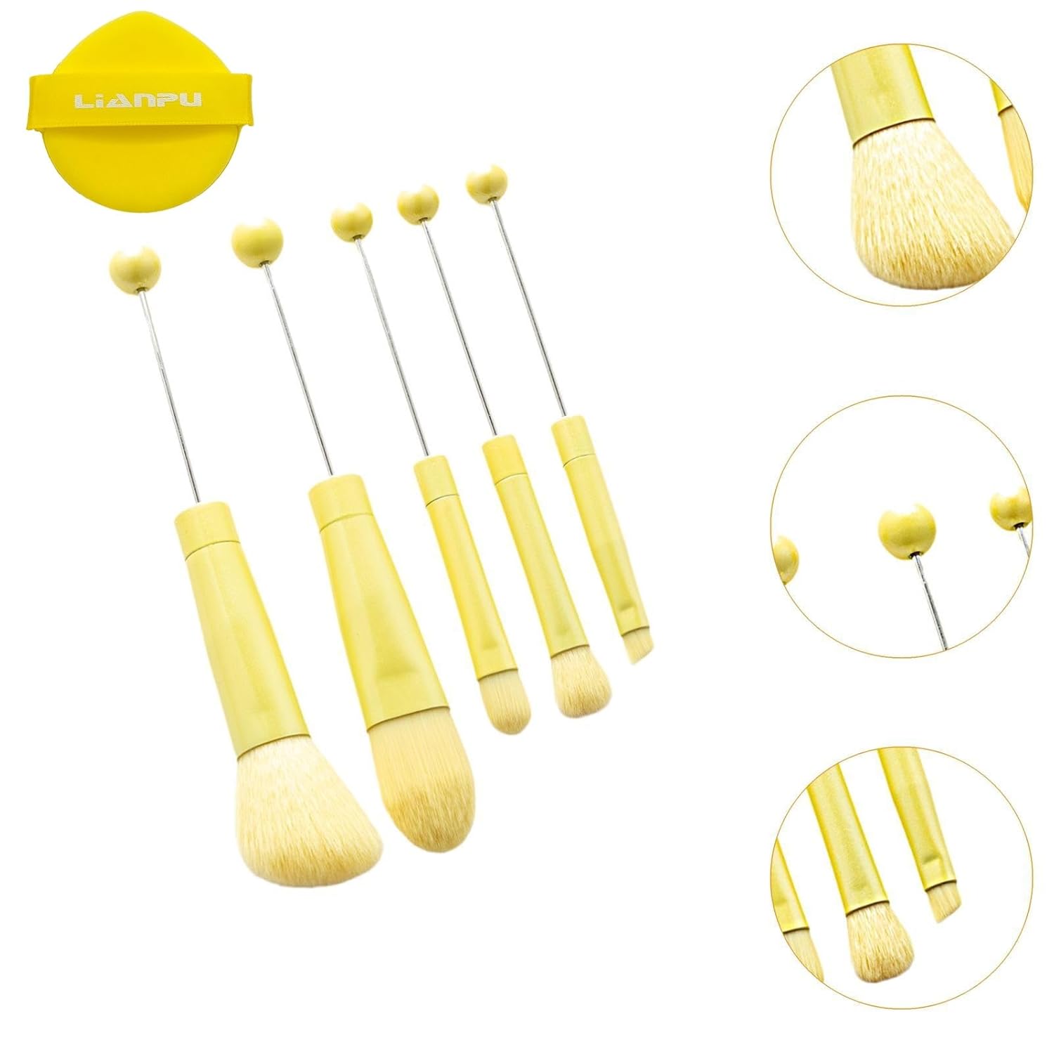 5pc Yellow Beadable Makeup Brush Set with Free Powder Puff, Soft Synthetic Fibers - Image 2