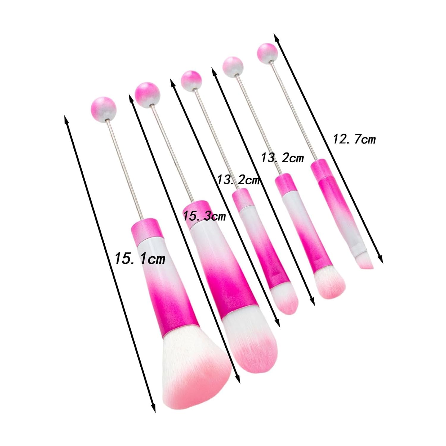 5pc Pink & White Beadable Makeup Brush Set with Free Powder Puff for Foundation - Image 4