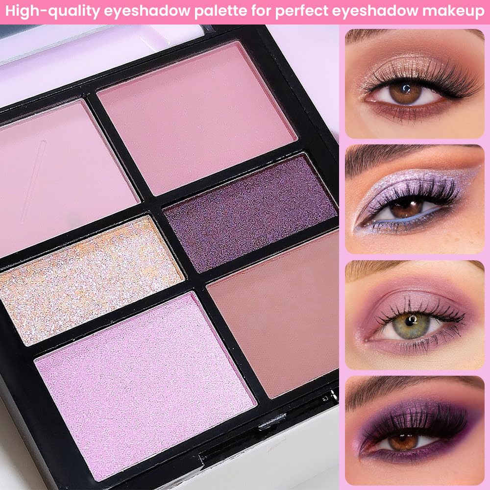 6-Color Pink Champagne Purple Matte Shimmer Eyeshadow Palette with Mirror, Versatile Creative Looks - Image 3