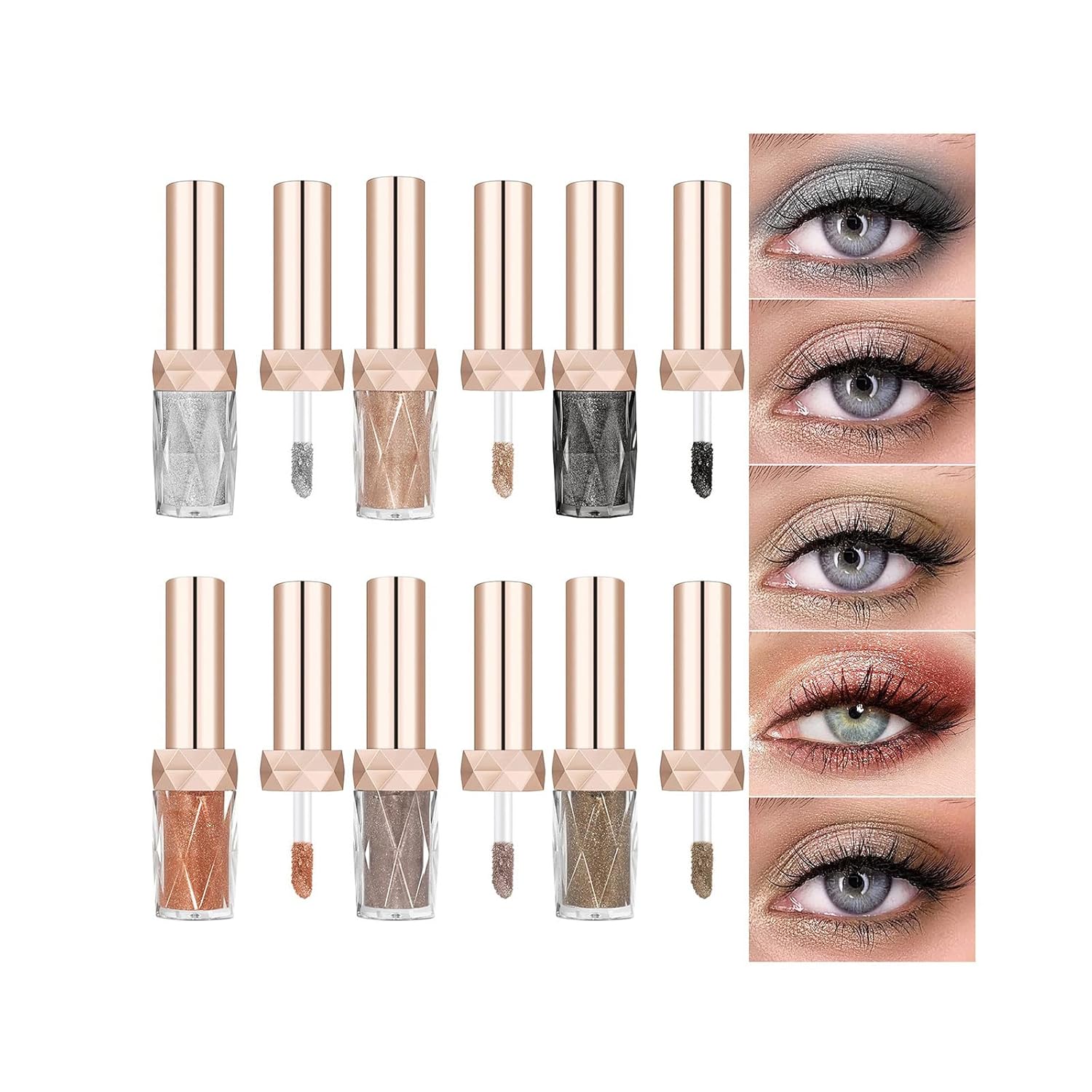 6 Colors Liquid Eyeshadow Metallic Glitter Shimmer Smokey Eye Looks, One-Swipe Coverage, Matte Shimmer Shiny Diamond Pearl Eye Shadow Waterproof Long Lasting Quick-Drying Sparkling Eye Makeup