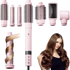 6 in 1 Air Wrap Hair Styler - Hair Dryer Brush Set, Powerful Multi-Styler Blow Dryer Brush with Auto-Wrap Curlers, thermal Brushes for Drying/Curling/Straightening, Hair Styling Tools for Travel, Pink
