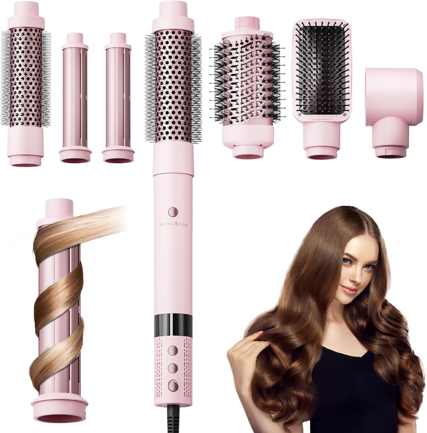 6 in 1 Air Wrap Hair Styler - Hair Dryer Brush Set, Powerful Multi-Styler Blow Dryer Brush with Auto-Wrap Curlers, thermal Brushes for Drying/Curling/Straightening, Hair Styling Tools for Travel, Pink