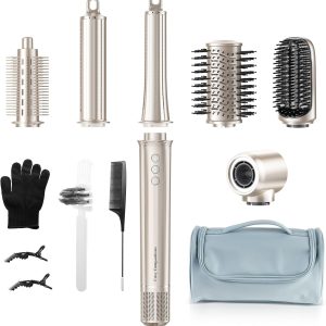 6-in-1 Hair Dryer Brush, Hair Styler with Auto-Wrap Curlers, 150,000 RPM High-Speed Negative Ionic Hair Dryer Fast Drying, Blow Dryer Brush for Curling/Volumizing/Straightening with Travel Bag, Gold